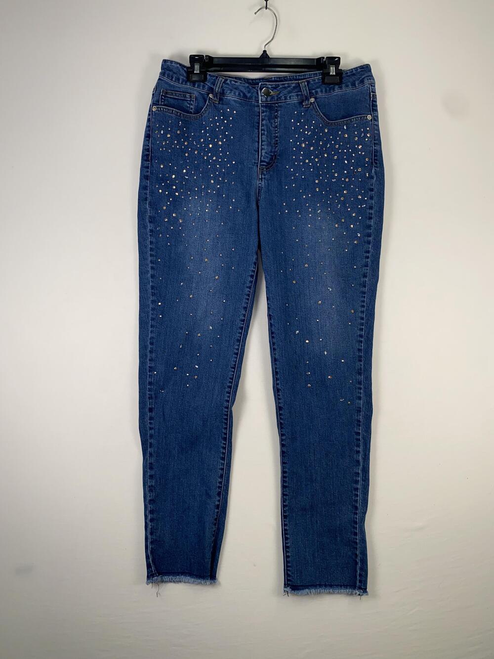 Soft Surroundings Jeans Womens 14 Blue Skinny Rhinestone Raw Hem Stretch Denim